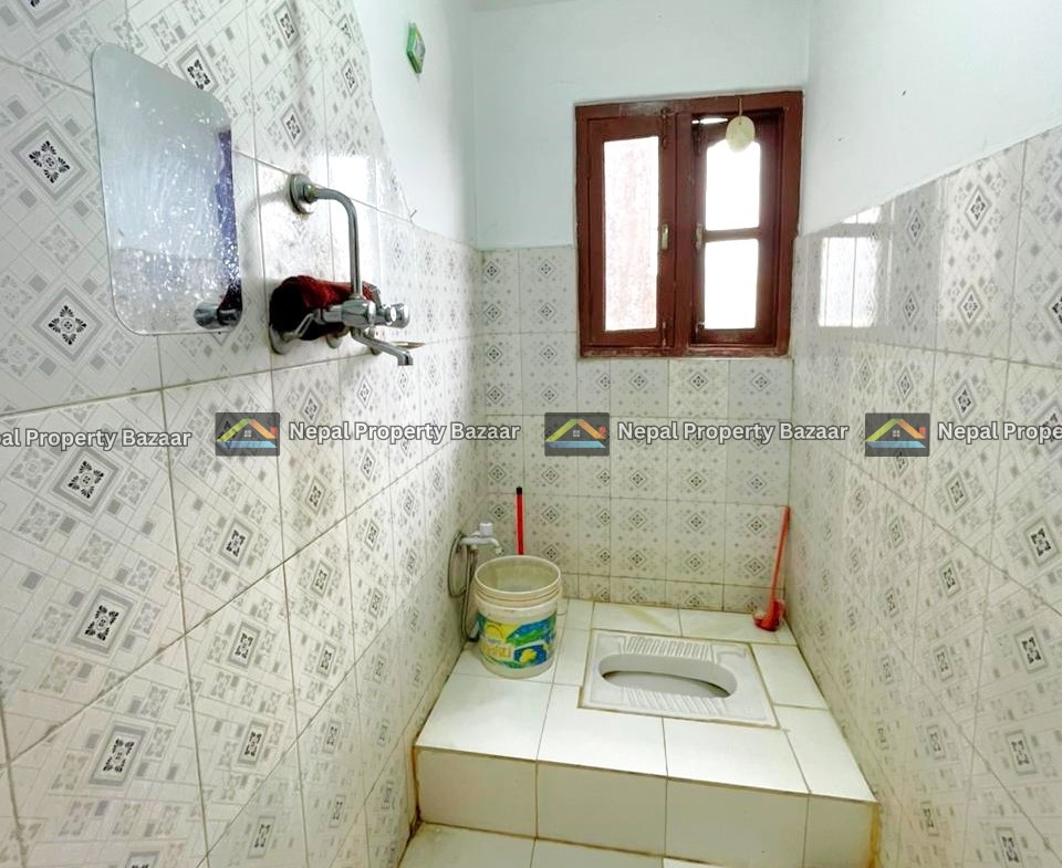 Small bathroom with a raised squat toilet, white tiles, a bucket and cleaning tools nearby, and a wooden window on the back wall